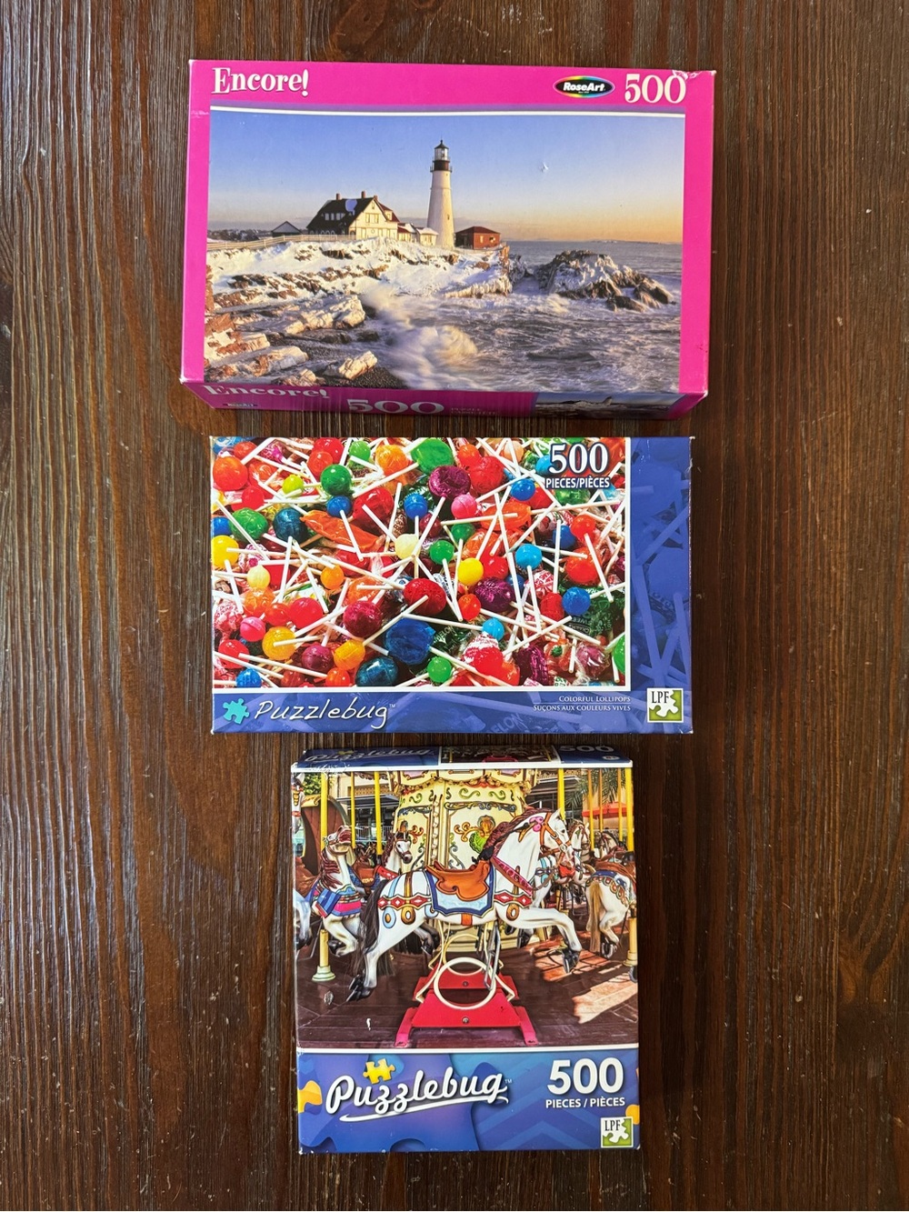 Set of 3 puzzles! 500 Pieces. Lollipops, Lighthouse, Carousel Horse. NWT NIB